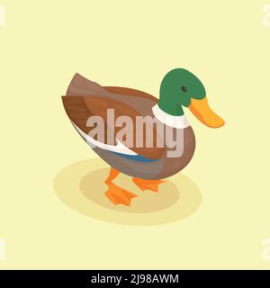 Poultry vector illustration with colored duck isometric icon in cartoon style on yellow background Stock Vector