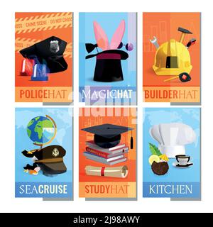 Different professions hats cards set with police and study hats realistic isolated vector illustration Stock Vector