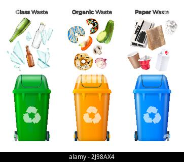 Trash and recycling set with glass and organic waste realistic isolated vector illustration Stock Vector