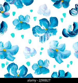 Seamless pattern abstract blue flowers, art painting, creative hand painted background, brush texture, acrylic painting. Modern art. Contemporary art. Stock Photo