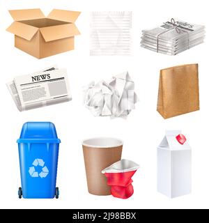 Trash and waste set with cardboard and paper realistic isolated vector illustration Stock Vector