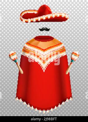 Mexican traditional clothes realistic set with sombrero poncho and maracas isolated on transparent background vector illustration Stock Vector
