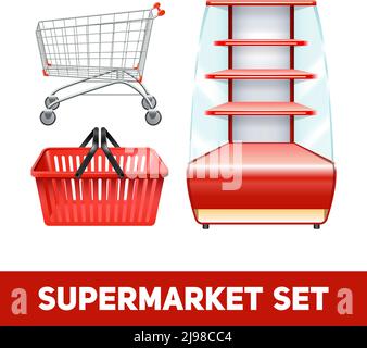 Supermarket realistic set with empty shelves basket and trolley isolated vector illustration Stock Vector