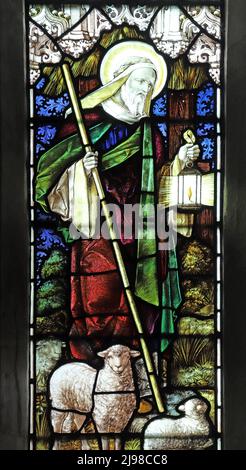 Stained glass window by Percy Bacon & Brothers depicting Joseph at The Nativity, St Peter & St Paul?s Church, Wingrave, Buckinghamshire Stock Photo