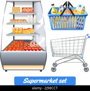 Supermarket set with realistic food shelves shopping basket and empty trolley isolated vector illustration Stock Vector