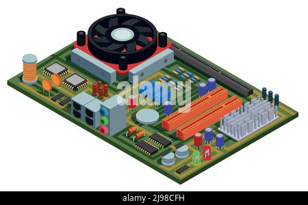 System plate for pc isometric vector illustration with semiconductor elements slots microchips capacitors diodes transistors Stock Vector