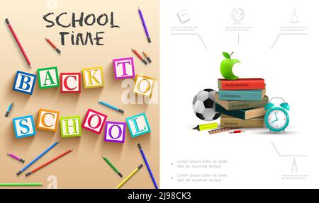 Realistic back to school composition with bitten apple books alarm clock colorful pencils soccer ball ruler cubes with letters vector illustration Stock Vector