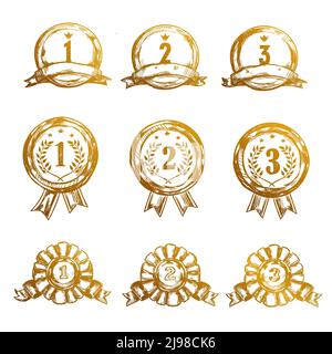 Gold sketch sport winner medal icon set medals for first second and third place vector illustration Stock Vector