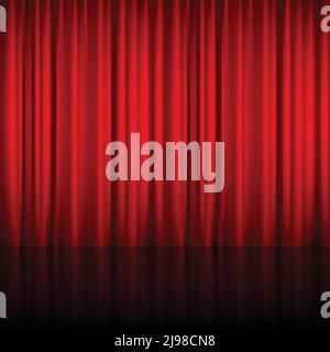 Realistic red theatrical closed curtain of shiny material with reflection on stage floor vector illustration Stock Vector