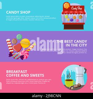Three colored sweet candy banners with headlines of candy shop the best candy in the city and breakfast coffee and sweets vector illustration Stock Vector