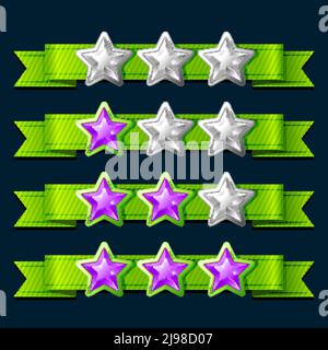 Ranking game elements with grey and violet stars on green ribbons on black background isolated vector illustration Stock Vector