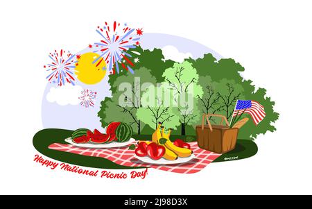 International and national picnic day vector illustration. Happy picnic day banner. The basket with meal, on a checkered red and white tablecloth wate Stock Vector