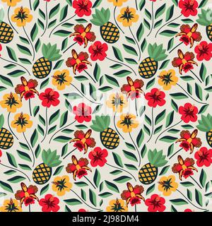 Seamless pattern with flowers and ananas Stock Vector