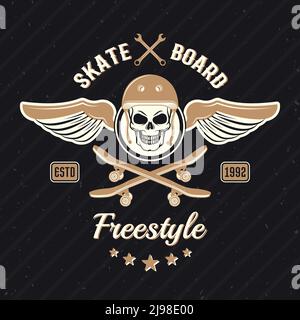 Skateboarding colored print with scull in helmet and wings on each side on black background vector illustration Stock Vector