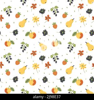 Seamless fruits and flowers vector pattern Stock Vector