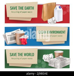Trash and waste horizontal banners set with clean environment symbols realistic isolated vector illustration Stock Vector