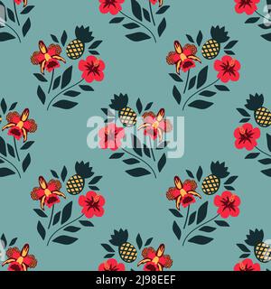 Seamless tropical flowers and ananas pattern Stock Vector