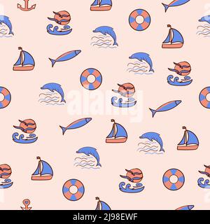 Ocean elements, colorful seamless pattern Stock Vector