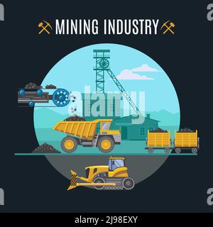 Mining industry icons round composition with flat symbols of mining technics buildings and editable title text vector illustration Stock Vector