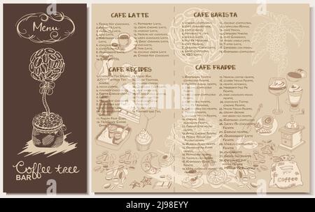 Doodle coffee restaurant menu template with different sorts recipes equipment desserts and spices elements vector illustration Stock Vector