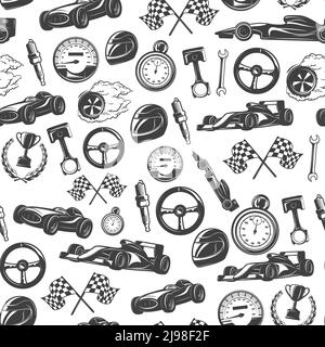 Racing emblems seamless background pattern with isolated equipment and tools for racing vector illustration Stock Vector