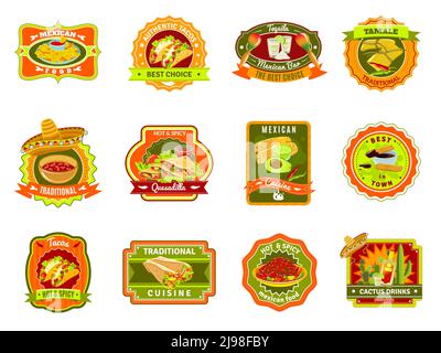 Mexican traditional food cafe restaurant and bar flat bright color emblem set isolated vector illustration Stock Vector