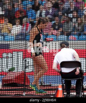 21st May 2022 ; Alexander Stadium, Birmingham, Midlands, England; M&#xfc;ller Birmingham Diamond League Athletics:  Valarie  Allman USA  in the cage on her way to winning the Women's Discus with a throw of 67.85 Stock Photo