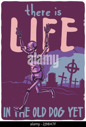 T-shirt or poster design with illustration of skeleton running from the cemetery. Stock Vector
