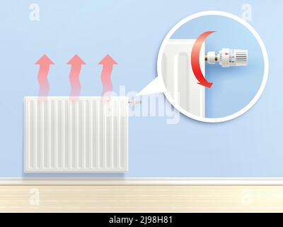 Realistic heating radiator with temperature knob in zoom vector illustration Stock Vector