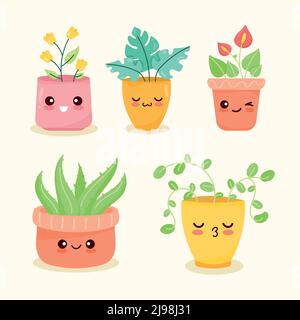 five kawaii plants set icons Stock Vector