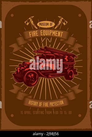 T-shirt or poster design with illustraion of fire truck with axes on background. Stock Vector