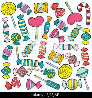Sketch colored candies and lollipops pattern of different flavors and shapes on note paper background vector illustration Stock Vector