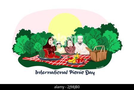 Happy Muslim family enjoying picnic. They are are lying on the grass in a park, the basket with meal, on a checkered red and white tablecloth watermel Stock Vector