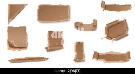 Ragged and torn craft paper collection of different shapes and forms on white background isolated vector illustration Stock Vector