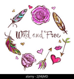 Sketch hipster boho fashion composition circle with flowers and feathers and title wild and free vector illustration Stock Vector