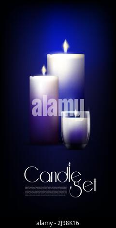 Realistic glowing candles set of different sizes on dark background isolated vector illustration Stock Vector