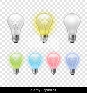 Rainbow colored transparent glass light bulbs pictograms set on and off against checkered background abstract vector illustration Stock Vector