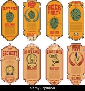 Set of beer labels with illustrations of beer barrels and hop. Vector illustration Stock Vector