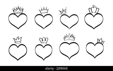 Crowned hearts vector set in sketch style. Hand drawn monrah, princess symbol, like line art heart with crown on top. King and queen signs, doodle wed Stock Vector