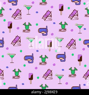 Elements of summer rest on violet background, seamless pattern Stock Vector