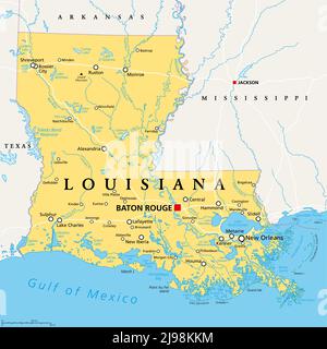 Louisiana, LA, political map, with capital Baton Rouge and metropolitan area New Orleans. State in Deep South and South Central regions of the US. Stock Photo