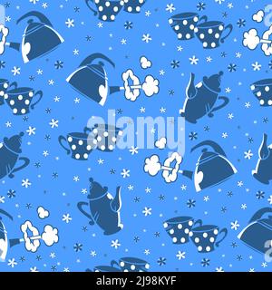 Tea party background design. Teatime seamless pattern. Vector illustration with teapots, cups Stock Vector