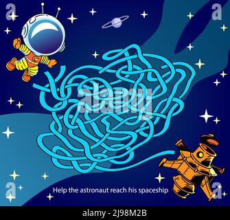 Puzzle maze where you need to help the astronaut get to his spaceship Stock Vector