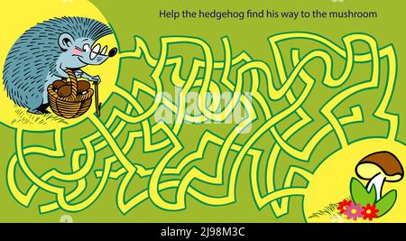 Maze puzzle with cartoon hedgehog and mushrooms Stock Vector
