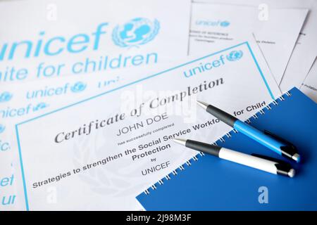 TERNOPIL, UKRAINE - MAY 2, 2022: Volunteer certificate of completion from UNICEF - United Nations programm that provides humanitarian and developmenta Stock Photo