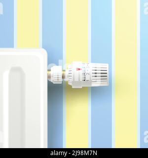 Realistic heating radiator with temperature knob on room wallpaper background vector illustration Stock Vector