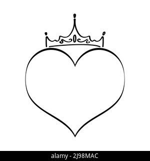 Crowned heart vector in sketch style. King and queen signs, doodle wedding icon. Hand drawn monrah, princess, imperial, luxury symbol, like line art h Stock Vector
