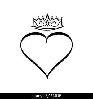 Hand Drawn Crowned Hearts Doodle Princess King And Queen Crown On Heart Sketch Love Crowns