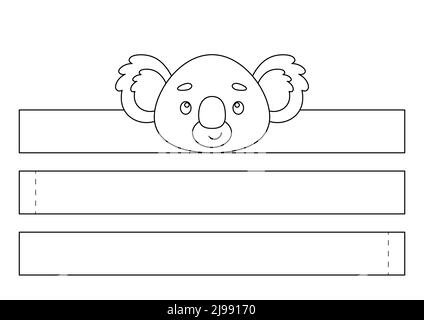 Printable koala paper crown. Fun accessory for entertainment. Diy cut party ribbon template for birthday, christmas, baby shower. Print, color, cut an Stock Vector