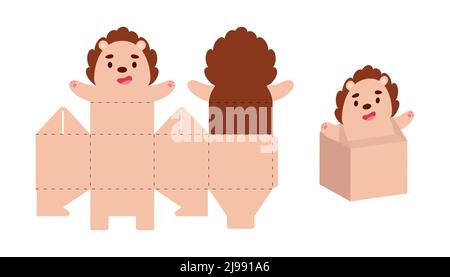 Simple packaging favor box hedgehog design for sweets, candies, small presents. Party package template for any purposes, birthday, baby shower. Print, Stock Vector